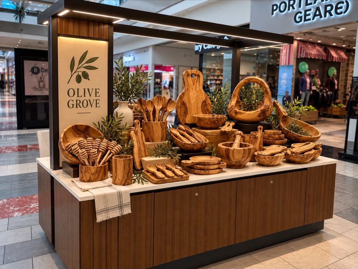Olive wood honey dippers gathered in a long carved bowl